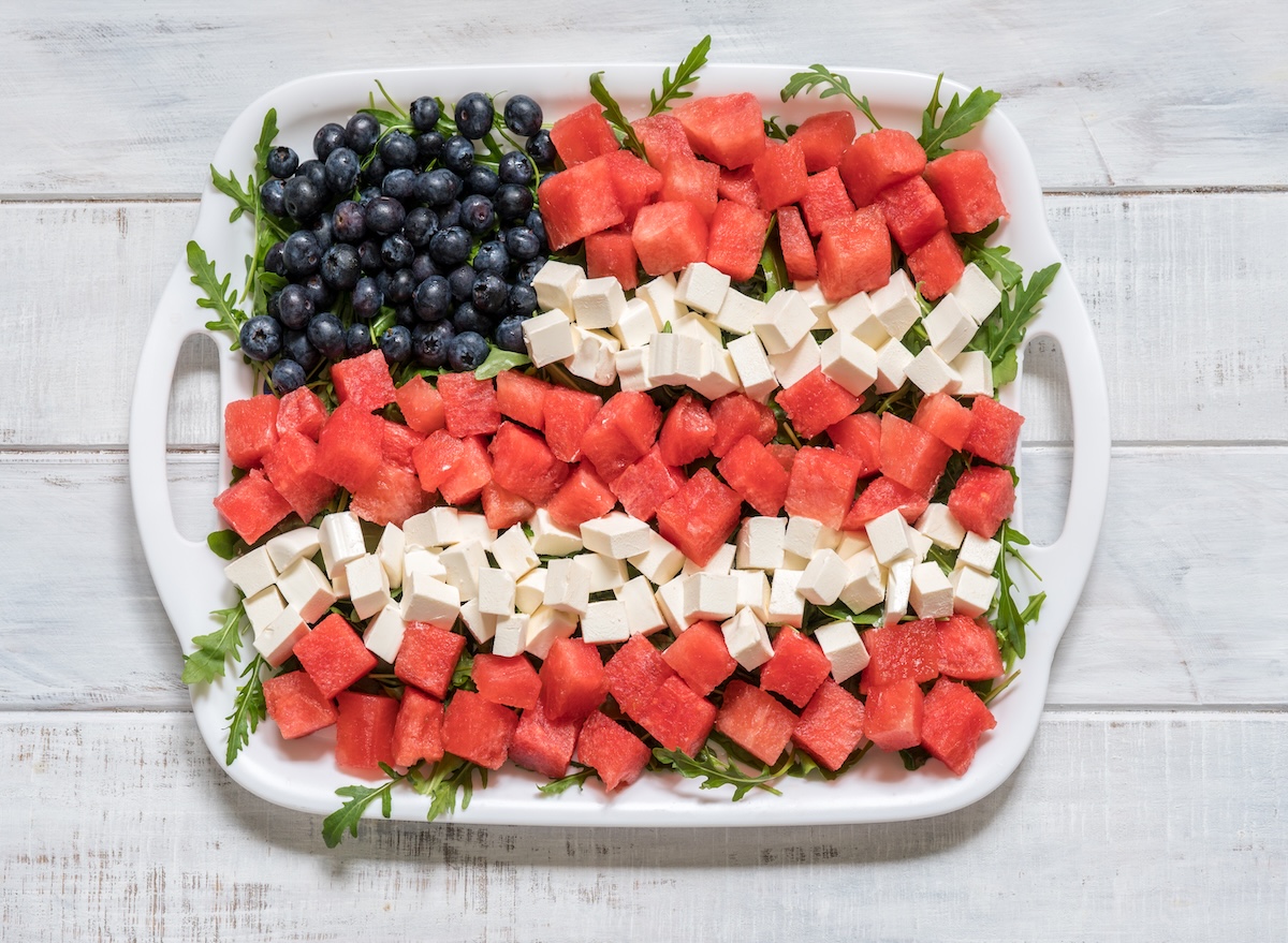 Patriotic,American,Flag,Salad,With,Blueberry,,Watermelon,And,Feta,On