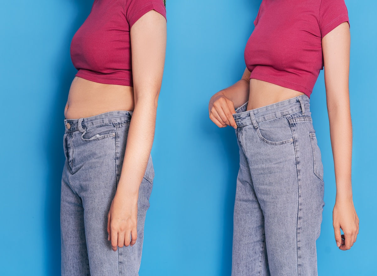Girl,Before,And,After,Losing,Weight,Against,A,Blue,Background.